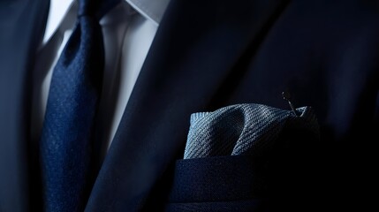Close-up of a refined business suit featuring a textured pocket square and tie, captured with dramatic lighting. Premium menswear detail symbolizing professionalism and luxury.