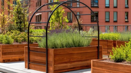 Urban raised garden beds with herbs and plants in a modern city rooftop setting