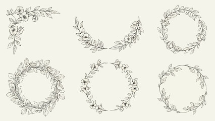Set of six delicate floral wreath and corner elements in a vintage botanical illustration style.