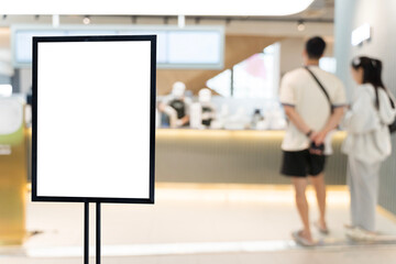 Blank Signboard Mockup in Cafe or Restaurant with Customers in Background