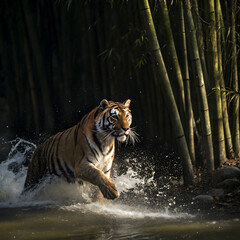 a majestic Siberian tiger in mid-leap, charging forward