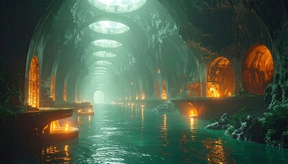 Glowing waterway tunnel with arched openings, stone walls, candles, soft light, water reflection, and otherworldly feel