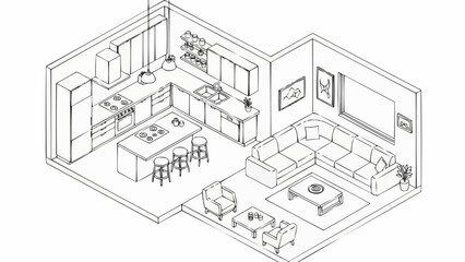 Modern Isometric Kitchen and Living Room Design Sketch.