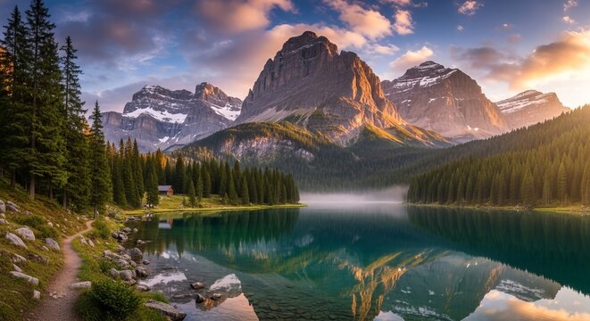 Serene Mountain Lake Landscape with Forest and Reflections a Calm View of Turquoise Water Surrounded by Evergreen Trees and Snow Capped Peaks Creating Peaceful Beauty - Powered by Adobe