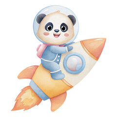 Cute Watercolor Panda Astronaut Riding Rocket Illustration for Kids