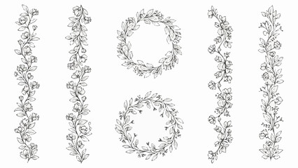 Elegant Floral Wreath and Border Designs Hand Drawn Botanical Elements. © Dinda