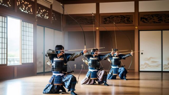 Group of kyudo archers in traditional samurai armor with bows and arrows training in a Japanese dojo for martial performance concept.