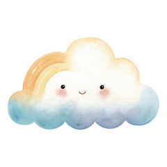 Watercolor Cute Smiling Cloud Illustration with Soft Pastel Rainbow