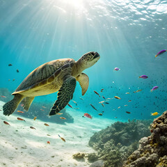 an elegant green sea turtle gracefully swimming