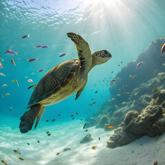 an elegant green sea turtle gracefully swimming