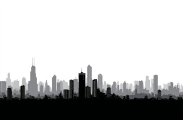 Naklejka premium Silhouette of a city skyline in shades of gray with skyscrapers and high-rise buildings