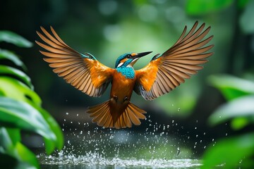 Fototapeta premium A vibrant kingfisher bird takes flight, its wings outstretched, creating a splash as it emerges from the water