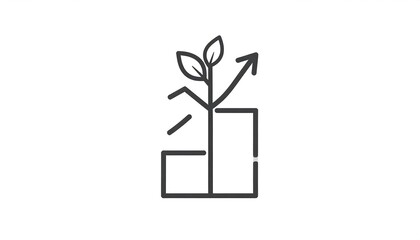 A black and white line drawing of a growing plant emerging from a bar graph with an upward arrow