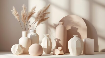 Cloud Dancer 2026 presents elegant neutral ceramic vase collection with dried pampas grass and architectural arch. Serene boho aesthetic perfect for home decor, interior design, and lifestyle branding