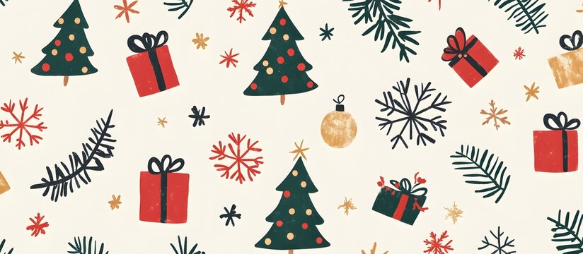 Elegant christmas ornaments and tree with stars and regalos on a background holiday season design