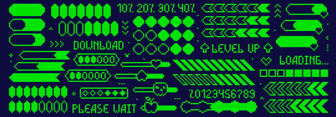 Naklejka premium Pixel art set of load bars and game elements drawn in the style of the 90s. Green icons on blue background.