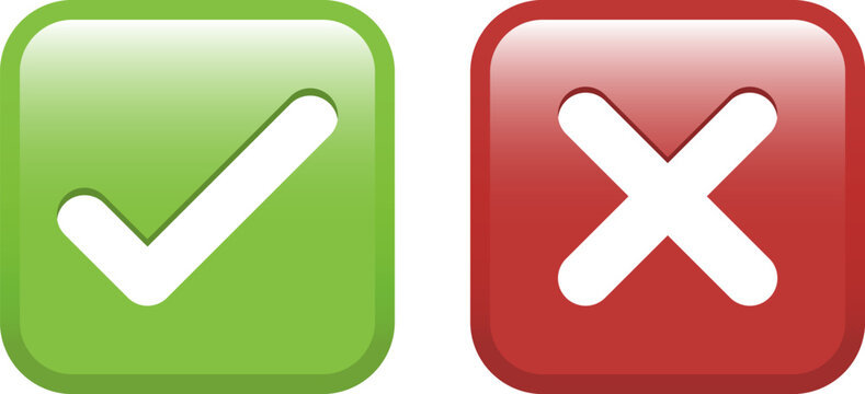 Green check mark emoji icon and red cross mark icon, approval and denial button signs. Glossy square symbols with white tick and white X inside. Isolated vector illustration.