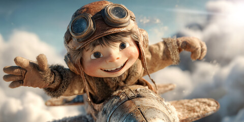A Smiling Joyful Child in Vintage Pilot Gear Flying on a Rocket Among the Clouds in the Sky, Symbolizing Imagination, Ambition and the Boundless Dreams of Childhood. Generative Ai.
