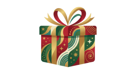 Festive Gift Box with Ornate Ribbon and Patterns present