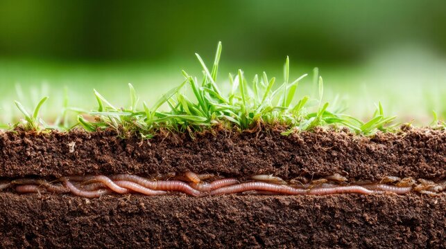 Earthworms in soil with grass and dirt