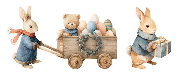 Charming Watercolor Holiday Illustration of Cute Animals with Easter Eggs and Gifts