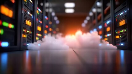 Cloud computing servers with glowing lights in data center