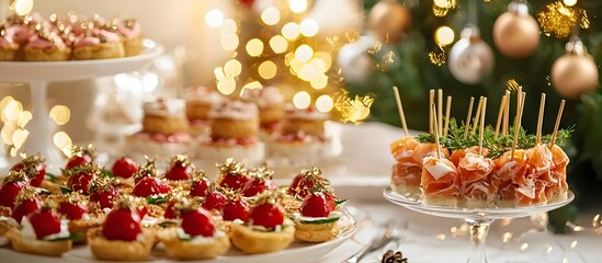 Elegant holiday appetizers and desserts on a festive table