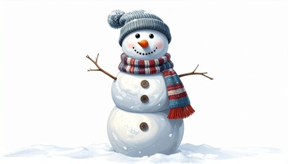 Obraz premium Cheerful snowman with top hat and scarf on snowy surface, twig arms, festive winter scene.