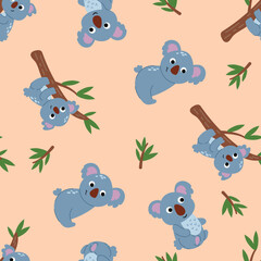 Seamless Pattern of Koalas with Leaves