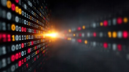 Vibrant binary code tunnel with colorful data stream and bright light