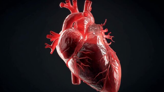 Detailed structure of a human heart over black background, showcasing its chambers and blood vessels