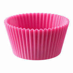 Bright pink silicone muffin baking cup, reusable cupcake liner for baking, isolated on transparent background.