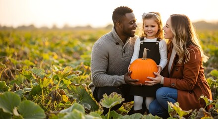 A happy interracial family posing together with a pumpkin in a sun-drenched autumn field, an idyllic seasonal harvest concept