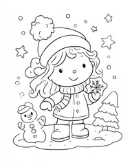 Cute Winter Coloring Page for Kids with Girl and Snowman