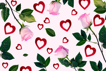 Valentine's day greeting card. Composition. gift, roses, red hearts. Beautiful flowers.