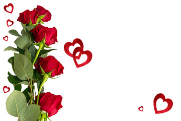 Isolated flowers and hearts. Valentine's day greeting card. Red roses on white background.