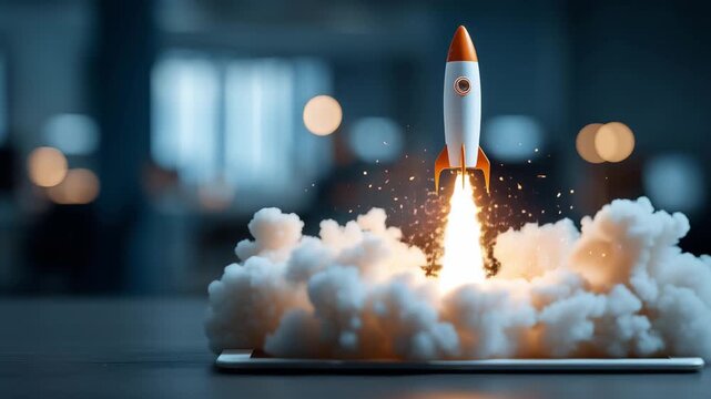 A rocket launching with intense flames and smoke trailing behind in a modern office setting