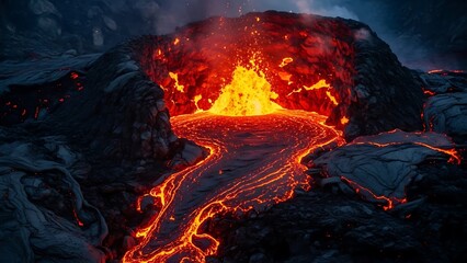 Molten lava erupting from a volcanic crater and flowing across dark rocky terrain