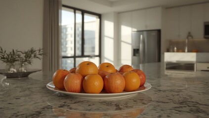 Plate with oranges and apples on table in modern kitchen