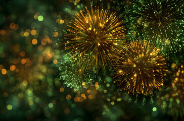 Gold and green Fireworks and bokeh in New Year eve and copy space. Abstract background holiday.