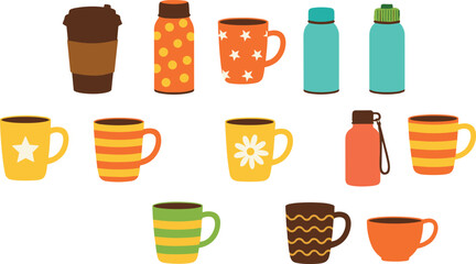 PrintColorful mugs and reusable water bottles vector set for coffee tea travel drinkware isolated on white background