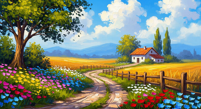 Country road and farmhouse scenic pastoral oil painting 3D relief wallpaper for mural wall art, canvas print, wall decor painting design