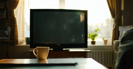Fototapeta premium Cozy interior scene. Television dominates view, mug rests on table. Warm light filters through window, creating soft ambiance.