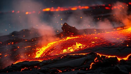 Molten lava flows across dark terrain spewing embers and smoke