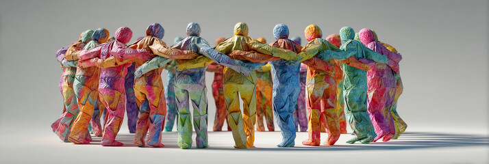 A Group of Stylized Paper People Figures Form a Circle, People Hugging Each Other. Symbolizing Global Unity, Teamwork, Love, and Solidarity, Against a White Background. Generative Ai.