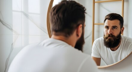 A thoughtful bearded man looks into a mirror, reflecting on his self-image and personal growth concept in a modern bathroom setting.