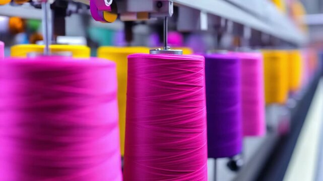 Bright spools of pink, yellow, and purple thread are lined up in a textile factory, showcasing the vibrant colors used in fabric production