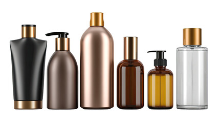 Set of glass wine bottles and blank cosmetic lotion containers isolated on white