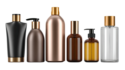 Set of glass wine bottles and blank cosmetic lotion containers isolated on white