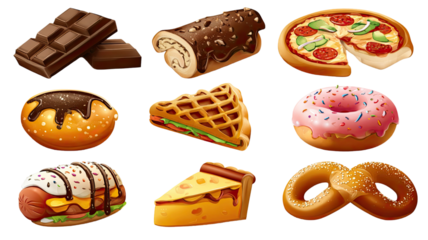Vector set of different sweets, desserts, and bakery icons isolated on white background, including cake, chocolate, cookies, candy, and pastry